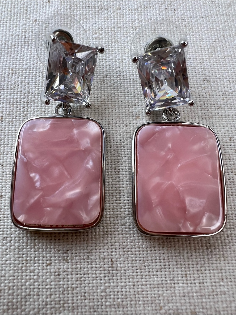 Pink Square Drop Earrings with Clear Crystal Studs NWOT